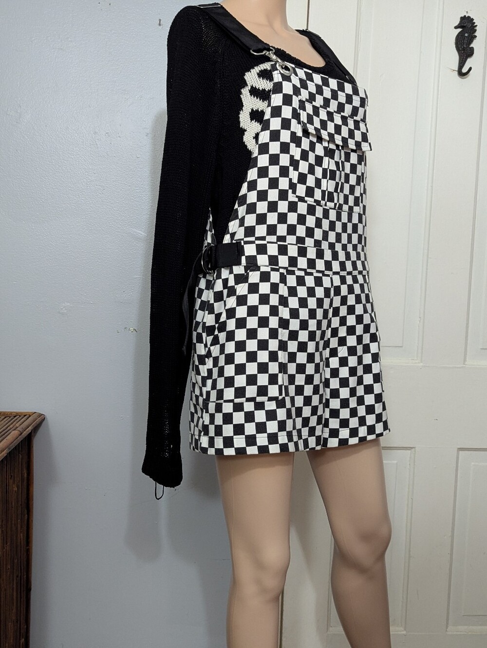 Hot Topic Blackheart Checkerboard Overall Shorts Black & White Size M